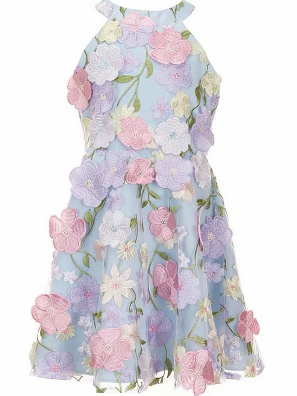 Rare Editions Girl Pastel Blue Floral Appliqué Halter Dress